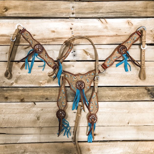 1D Saddlery Blue Swirl One Ear Headstall and Breast collar Set