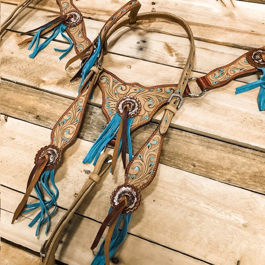 1D Saddlery Blue Swirl One Ear Headstall and Breast collar Set