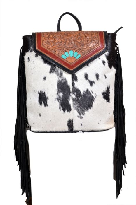 Floral Embossed Cowhide Backpack with Fringe