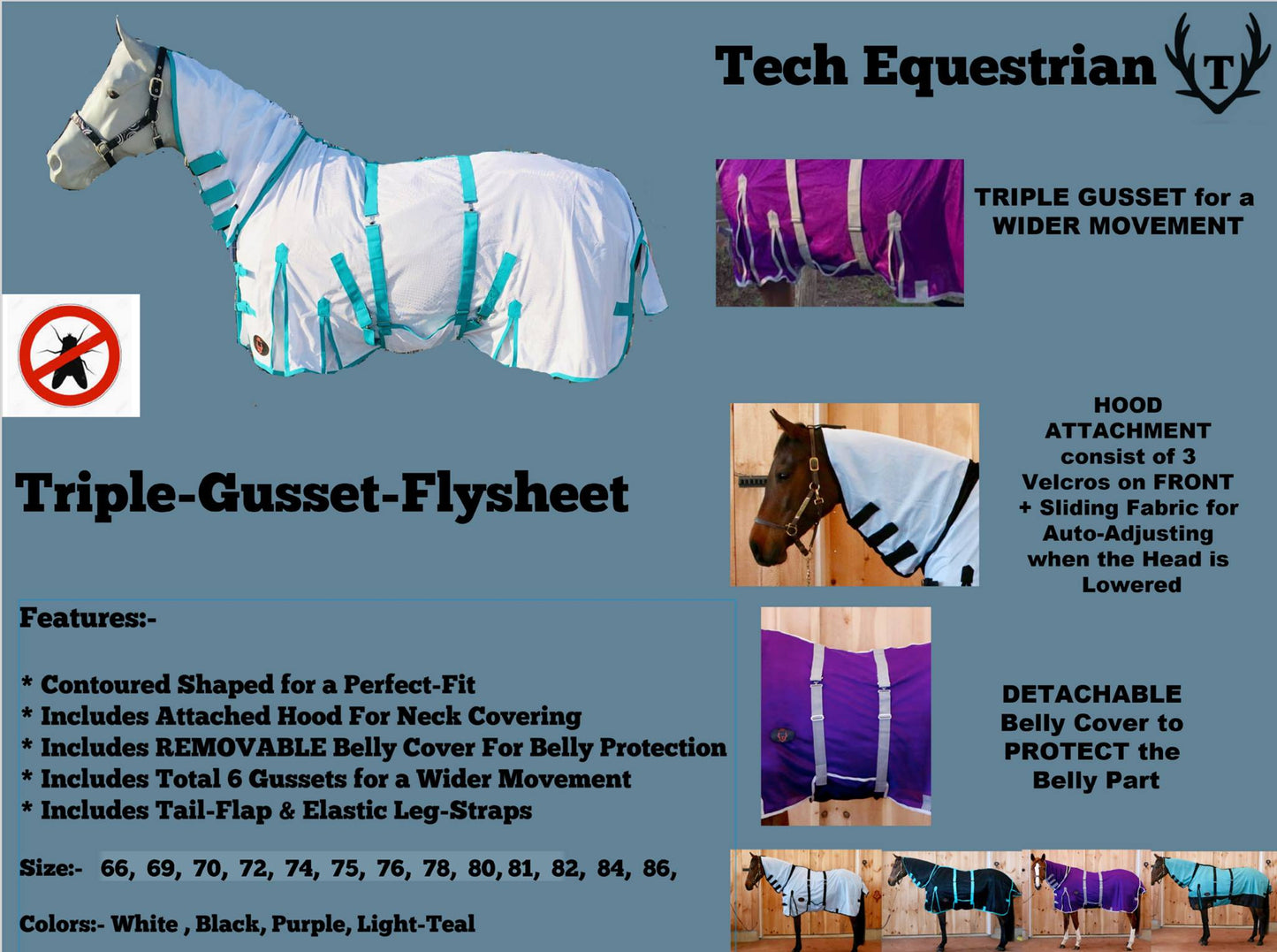 Tech Equestrian Flysheet with attached neck, detachable bellyband